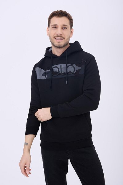 Polo State Hanorac negru pentru bărbați, din bumbac, cu 3 fire, cu fleece în interior, cu broderie, cu glugă, cu buzunar cangur
