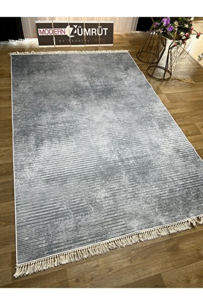 Zümrüt Ev Tekstil Yazlık Halı Dijital Baskılı Makinede Yıkanabilir Dot Taban İnce Halı Narin Gri