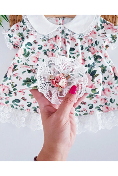 Jammybaby Çiçekli %100 Pamuk Penye Dantelli Kız Bebek Külotlu Yazlık Kısakol Elbise Bandana takım yenidoğan