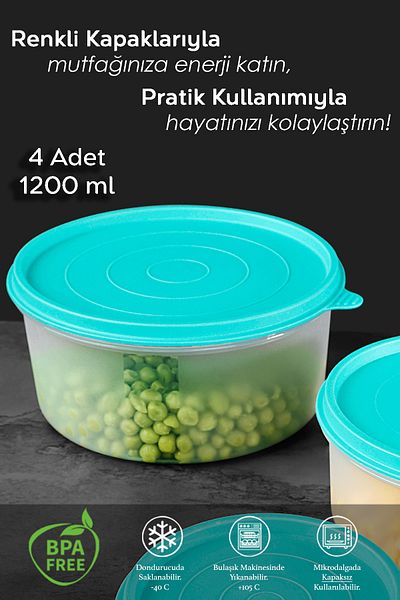 Meleni Home Set of 4 Green Food Container - Food Storage Organizer, 1200ml Round Organizer