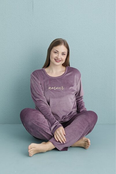 MEBA Kadın Kadife Yazı Baskılı Büyük Beden Pijama Takımı