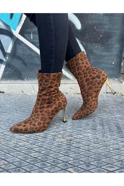 Saltopik Leopar Streç Sivri Burun Gold Topuklu Bot