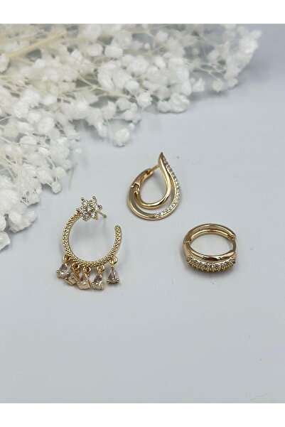 MyladyAccessoriess Zirkon Taş Ve Çiçek detaylı Çelik Set Küpe Gümüş