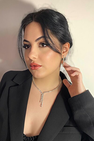 TAKIŞTIR Silver Color Stone Detailed Necklace and Earrings Wedding Henna Engagement Bridal Set