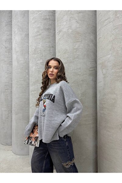 İLKCET MODA Ayıcık Baskılı Triko Oversize Kazak