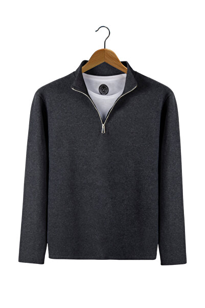 VEAVEN Erkek Antrasit Yarım Fermuarlı Basic Düz Sweatshirt