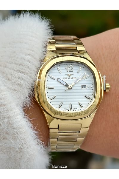 FERRO Brand Yellow Color Steel Cord, Cornered Case Women's Wrist Watch+Bracelet