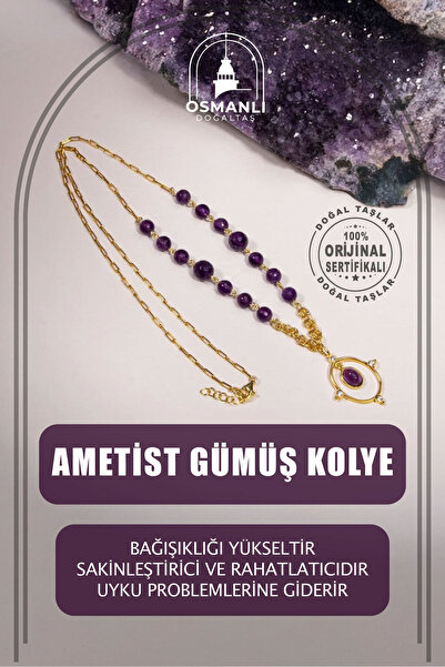 OSMANLI DOĞAL TAŞ Ametist Doğal Taş Gümüş Tasarım Kolye - 54 cm