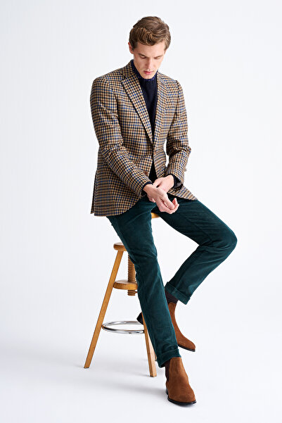 Edwards Erkek Kahverengi Delfino Kazayağı Desenli Yün Kaşmir Karışımlı Ceket