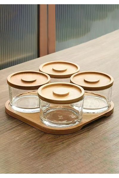 HOMİNG Homing 9-Piece Glass Breakfast with Wooden Bamboo Lid and Tray 241786