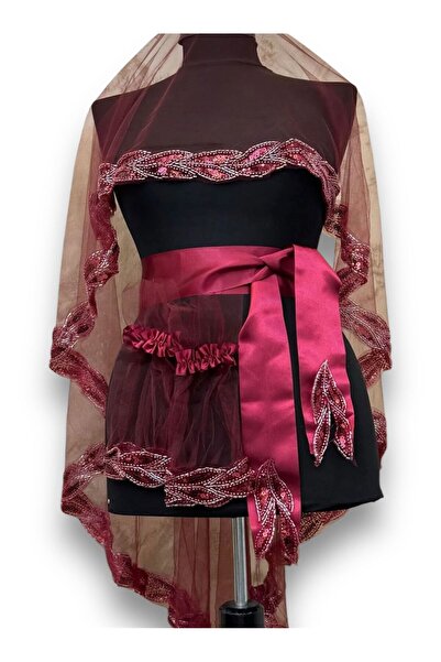 COOL NİGHT Bordo Elegant Bridal Veil Set, Water Stone Fish Model Flaring Henn...
