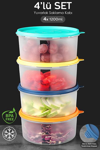Meleni Home Colorful Round Food Storage Set of 4 - Food Organizer Container 4X1200Ml