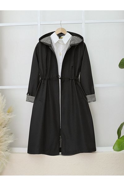 Modamorfo Trenchcoat mit Kapuze und elastischem Bund und gefalteten Ärmeln – Schwarz
