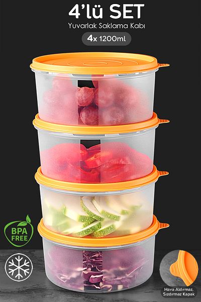 Meleni Home Round Food Storage Set of 4 - Food Container 4X1200Ml Orange Organizer Organizer
