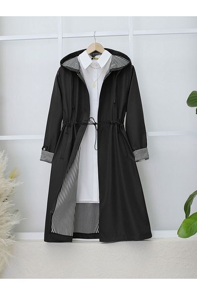 Modamorfo Trenchcoat mit Kapuze und elastischem Bund und gefalteten Ärmeln – Schwarz