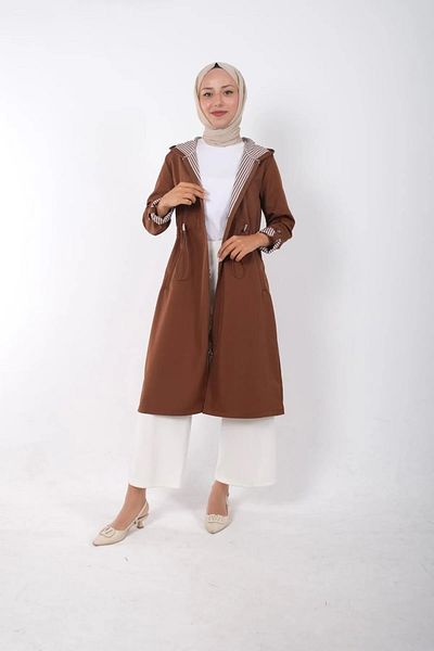 Tesettür Diyarı Women's Elastic Waist Detailed Zippered Hooded Trench Coat - Cream