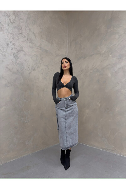 XBELLA DENİM Fusta gri deschis până la genunchi - spălat cu zăpadă, cu fantă în față, buzunar Commando