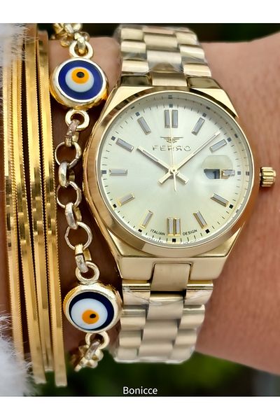 FERRO Brand Yellow Color Steel Band with Yellow Dial Calendar Women's Wrist Watch+Bracelet