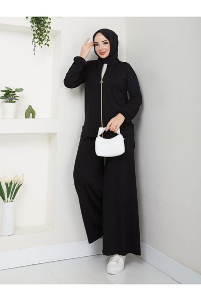 moda periy Women's Zip-Up Cardigan Wide-Leg Pants Double Suit Hijab Combination