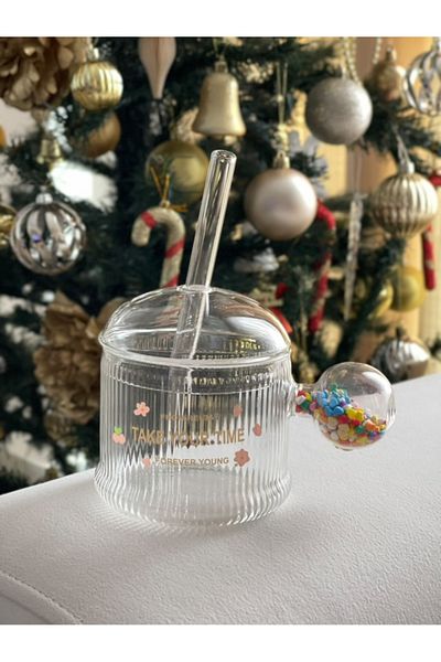 MİMOZA PARK Bulk Size Cup with Colored Handle with Glass Straw