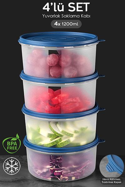Meleni Home 4-Piece Dark Blue Round Food Storage Set - Food Container 4X1200Ml Organizer Organizer