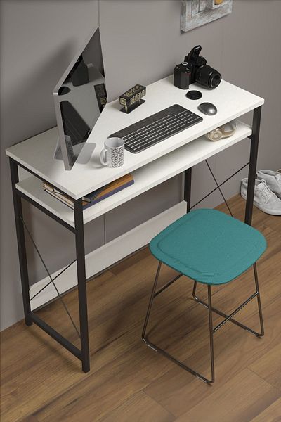 GOLDFALEZ Modern White Computer Desk | Home Office Student Desk with Storage Shelf | Compact Work Station