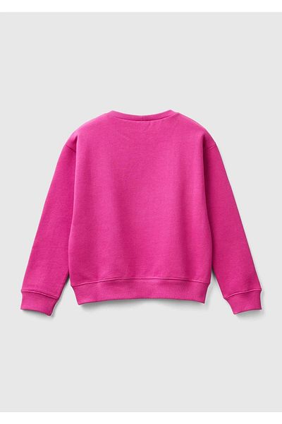 United Colors of Benetton Суитшърт за момиче във цвят на фуксия - щампа с блестящо лого, кръгла яка