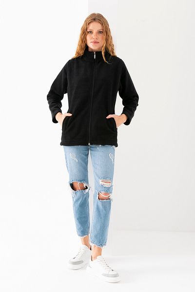 EtkiModa Jachetă neagră din lână cu guler vertical, cu buzunare cu fermoar