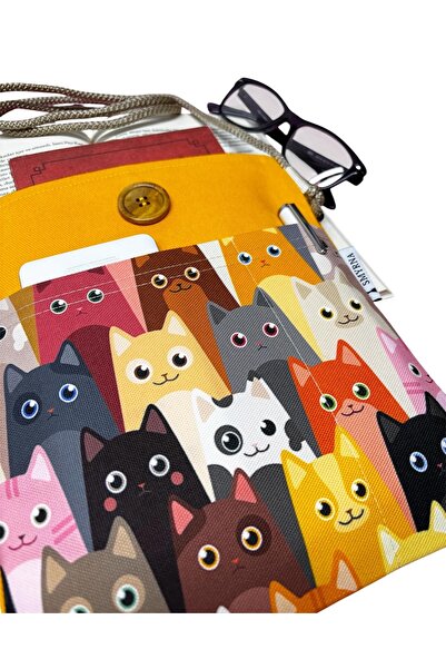 Smyrna Hanging - Book / Tablet / Ebook Bag - Detachable Strap (Cats, Yellow)