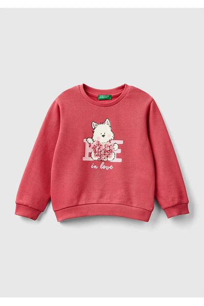 United Colors of Benetton Dried Rose Rib Detailed Girl's Sweatshirt - Crew Neck, Front Embroidered