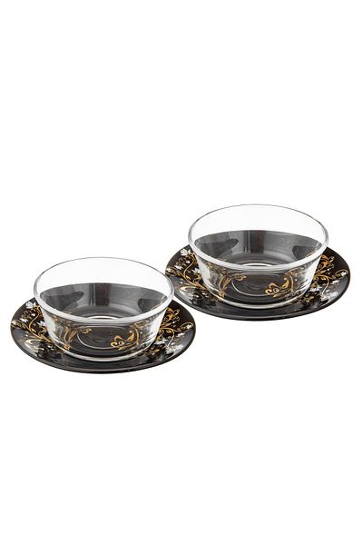 Dania Clear Glass Yogurt Set with Black Porcelain Plate, 6 Bowls + 6 Plates