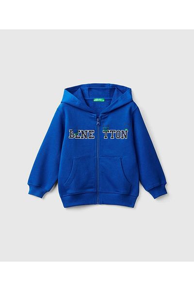 United Colors of Benetton Boy - Saks Blue Logo Printed Kangaroo Pocket Hooded Sweatshirt