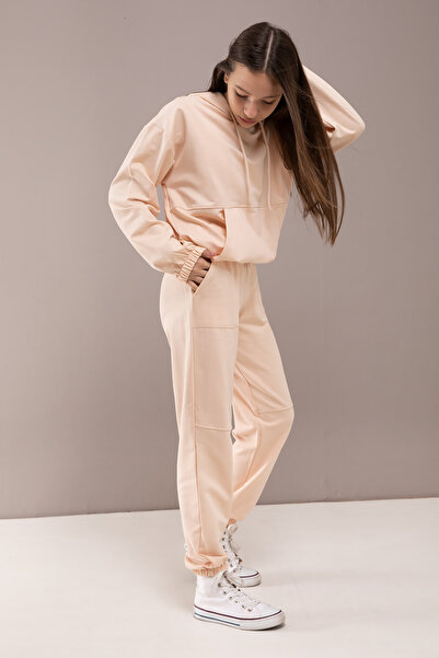 Cansın Mini Κρεμ κουκούλα ελαστική μέση για κορίτσια Basic αθλητική φόρμα 19751