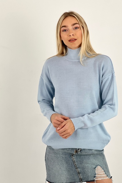 Miss Poem Pulover de damă cu gât înalt, lung de iarnă, albastru gheață