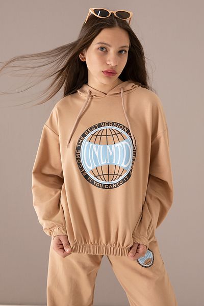Cansın Mini Σετ φόρμας για κορίτσια με κουκούλα με τυπωμένο λογότυπο καφέ στήθος 19763