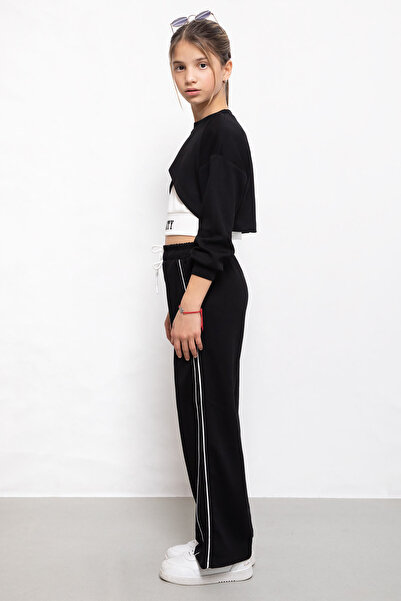 Cansın Mini Black Stripe Detailed Wide Leg Cropped Girl's 3-Piece Set 19840