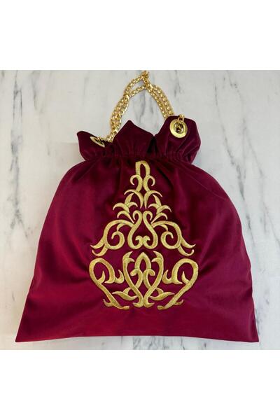 Hane7 Lastikli Kadife Sim Sırma Çanta Bordo