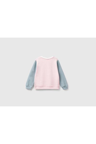 United Colors of Benetton Kız Çocuk Pembe Mix Önü Simli Logo Baskılı Normal Kesim Bisiklet Yaka Sweatshirt