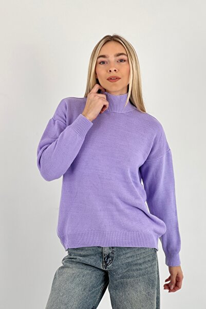 Miss Poem Women's High-Top Turtleneck Long Winter Lilac Knitwear Sweater