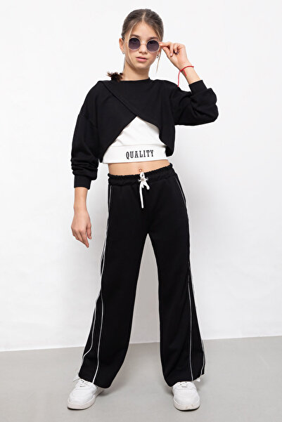 Cansın Mini Black Stripe Detailed Wide Leg Cropped Girl's 3-Piece Set 19840