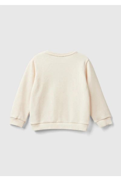 United Colors of Benetton Girl's Ecru Front Embroidered Rib Detailed Regular Cut Crew Neck Swea