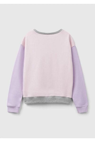 United Colors of Benetton Glitter Logo Printed Gray Melange Girl's Sweatshirt - Crew Neck