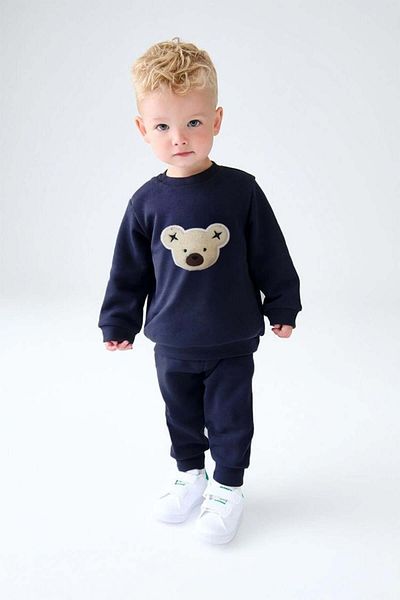 LUESS Boy's Plush Embroidered Comfortable Set - Teddy Bear Patterned Bottom Top Set (3-4 Years 8-9 Years)