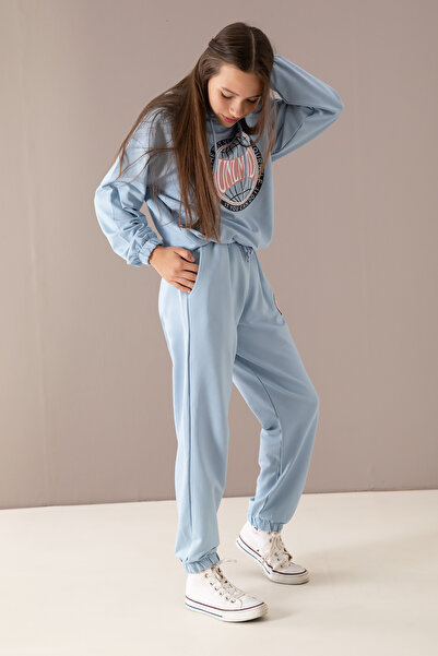 Cansın Mini Set de trening pentru fete cu glugă cu logo albastru imprimat - 19760