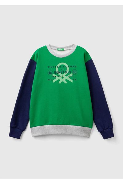 United Colors of Benetton Boy's Green Mix Crew Neck Ribbed Sweatshirt - Logo Printed