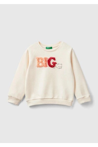 United Colors of Benetton Girl's Ecru Front Embroidered Rib Detailed Regular Cut Crew Neck Swea