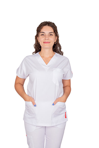 Beyaz Soft Lüks Likralı Tek Üst Doktor Hemşire Üniforma