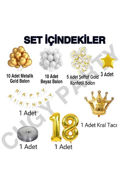 CUGY Gold White King & Queen Crowned 18 Years Old Star Detail Birthday Party Celebration Set