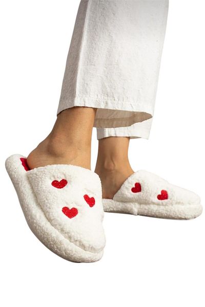 Liger Embroidery Detailed Women's House Slippers - Dowry Bundle, Valentine's Day White - Red