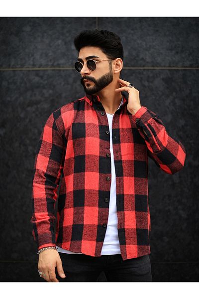 Esra Butik Hane Men's Cotton Winter Lumberjack Shirt Red Black Plaid Pattern Checked Jacket